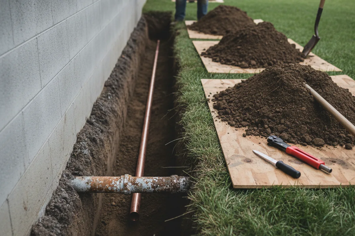 Excavated water line trench during Sewer Line Repair in Ladera Ranch
